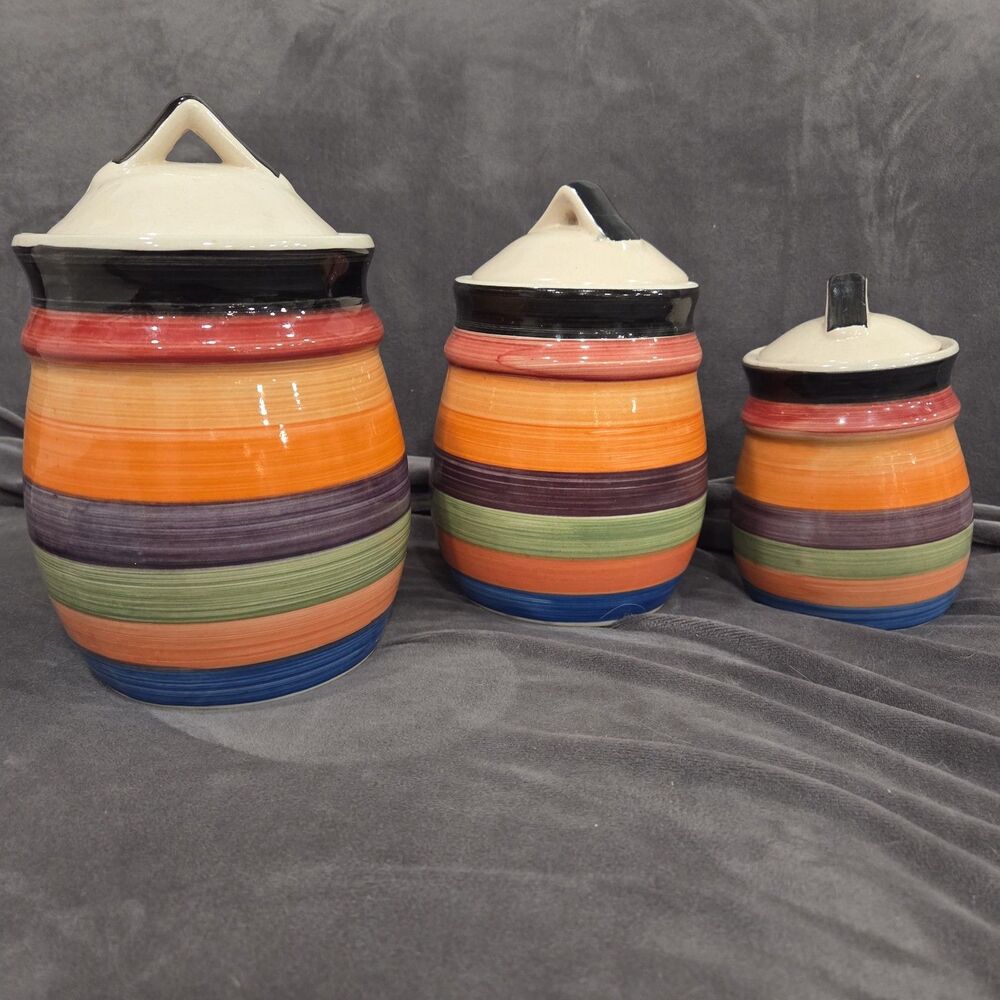 Vtg MCM Philippe Richard Rondo 1970s Striped Canisters Set of 3 ~ 9”, 6.5”, 5.5”